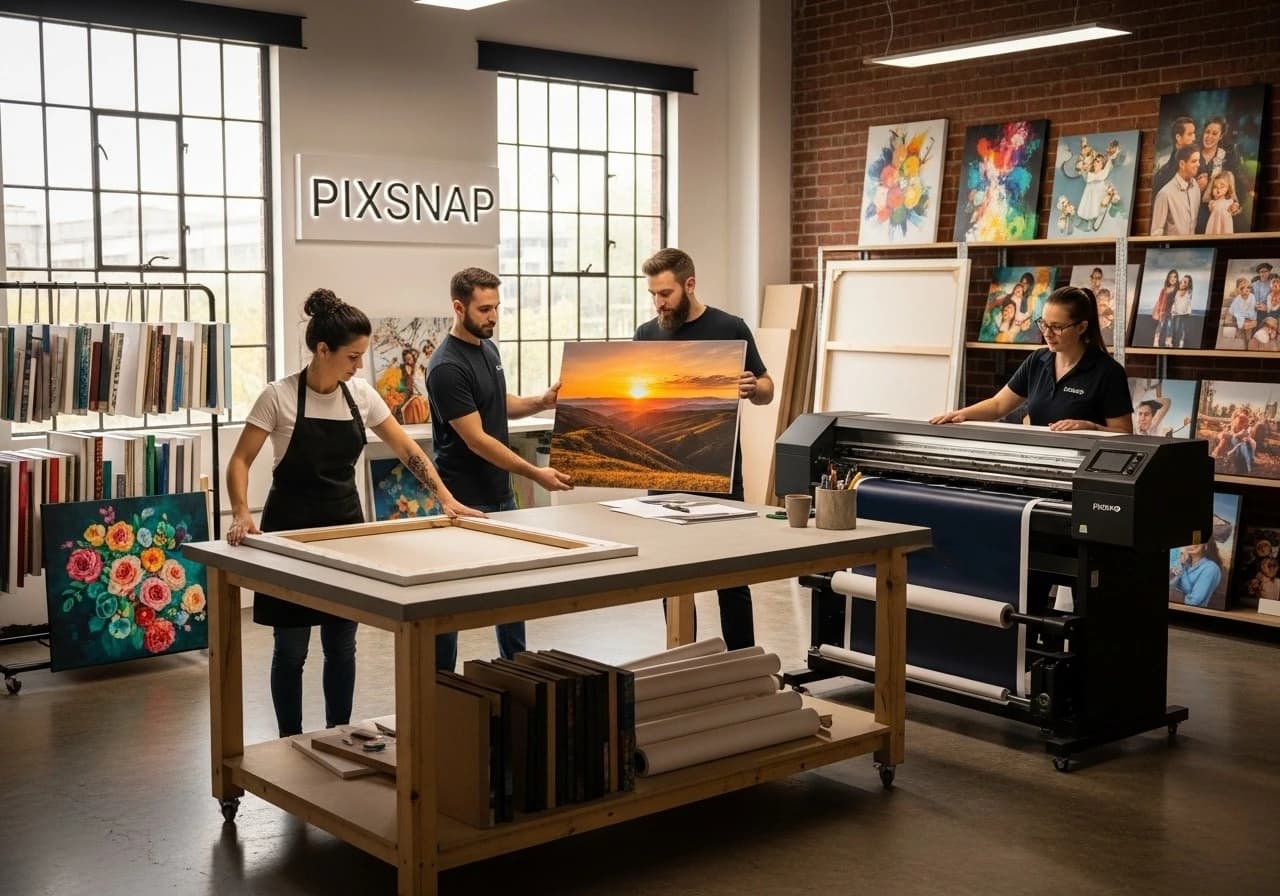 Pixsnap team working on beautiful canvas prints in our modern studio